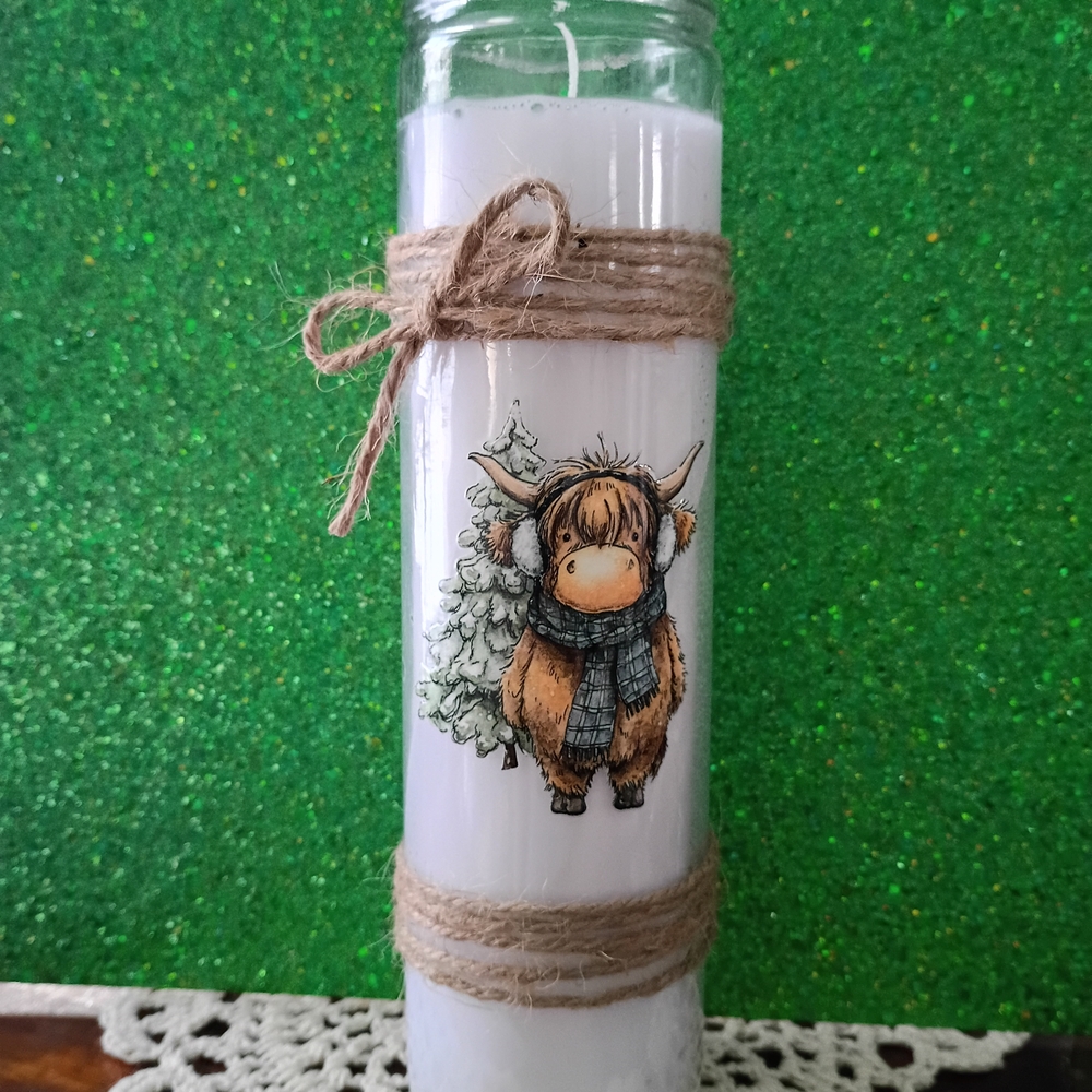 White Highland Cow Candle with Jute Accent